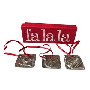 Set of 3 Vintage Vilmain Pewter Embossed Ornaments FA LA LA USA Box 1-1/2"